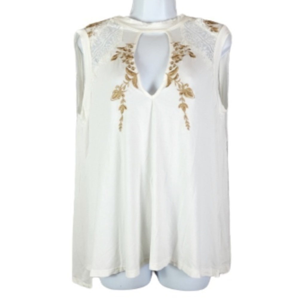 POL white sleeveless gold embroidered with lace tie back top Size L